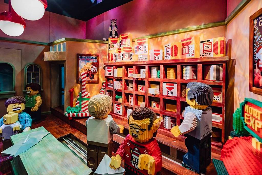 LEGO characters in a post office at the Myer Christmas Windows