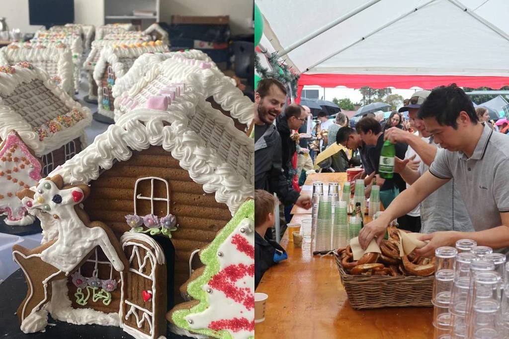 a gingerbread house on the left and a man selling pretzels to children at a market on the right