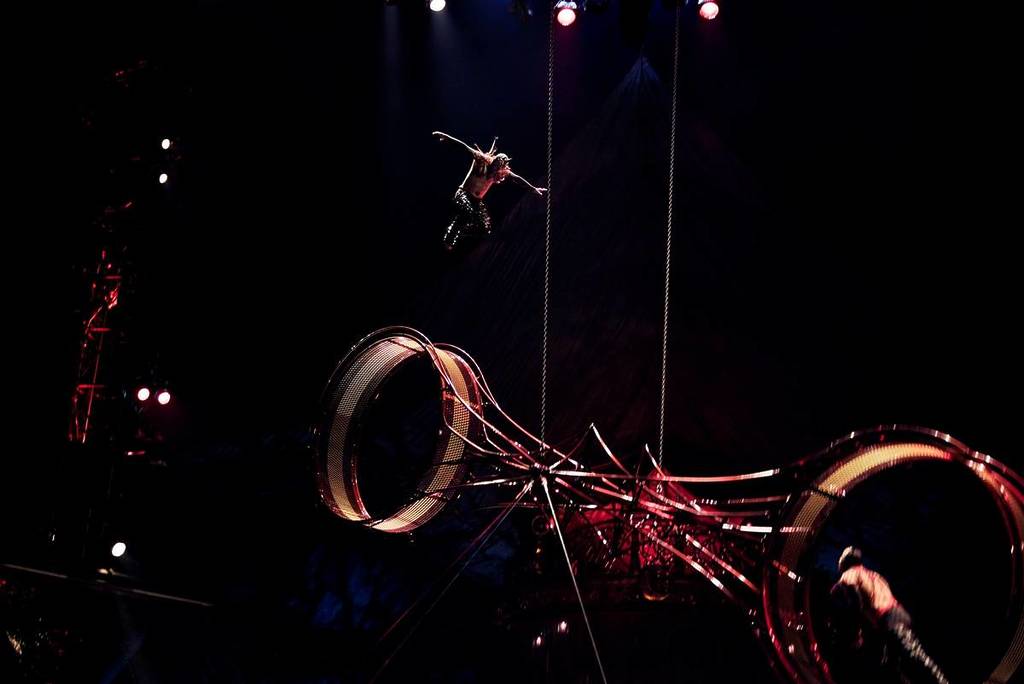 acrobat in the air performing the Wheel of Death