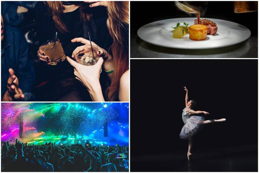 A collage of experiences including clubbing, fine dining, big concert and a ballet show