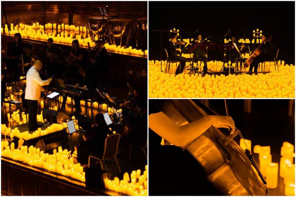 A collage of photos taken during Candlelight concerts: on the left, a conductor taking the baton at Melbourne Town Hall, and on the right, a string quartet performing amid a sea of candles and a close up of a musician playing the cello