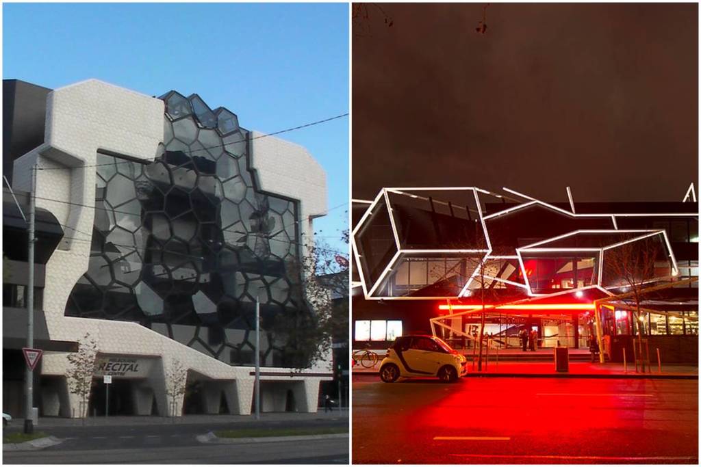 A collage of the facade of the Melbourne Recital Centre at daylight and at night