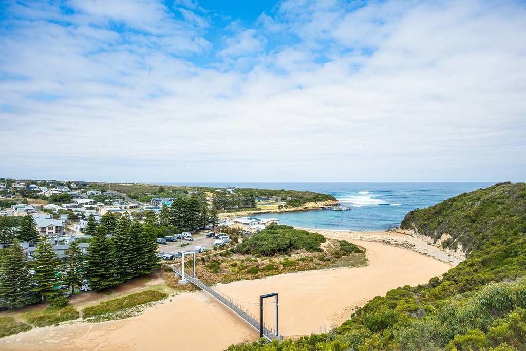 aerial view from a lookout point of suspension bridge to Port Campbell