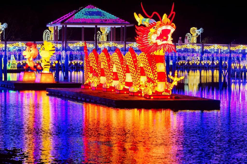 a glowing dragon on the water at Adventure Park