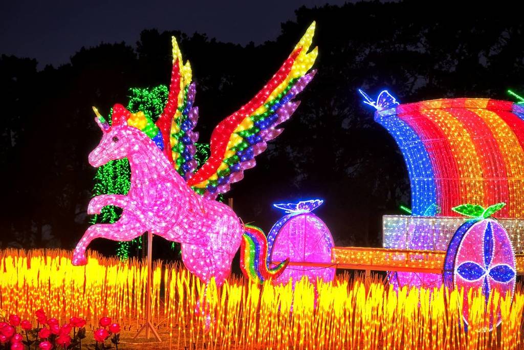 rainbow flying unicorn light installation at Adventure Park