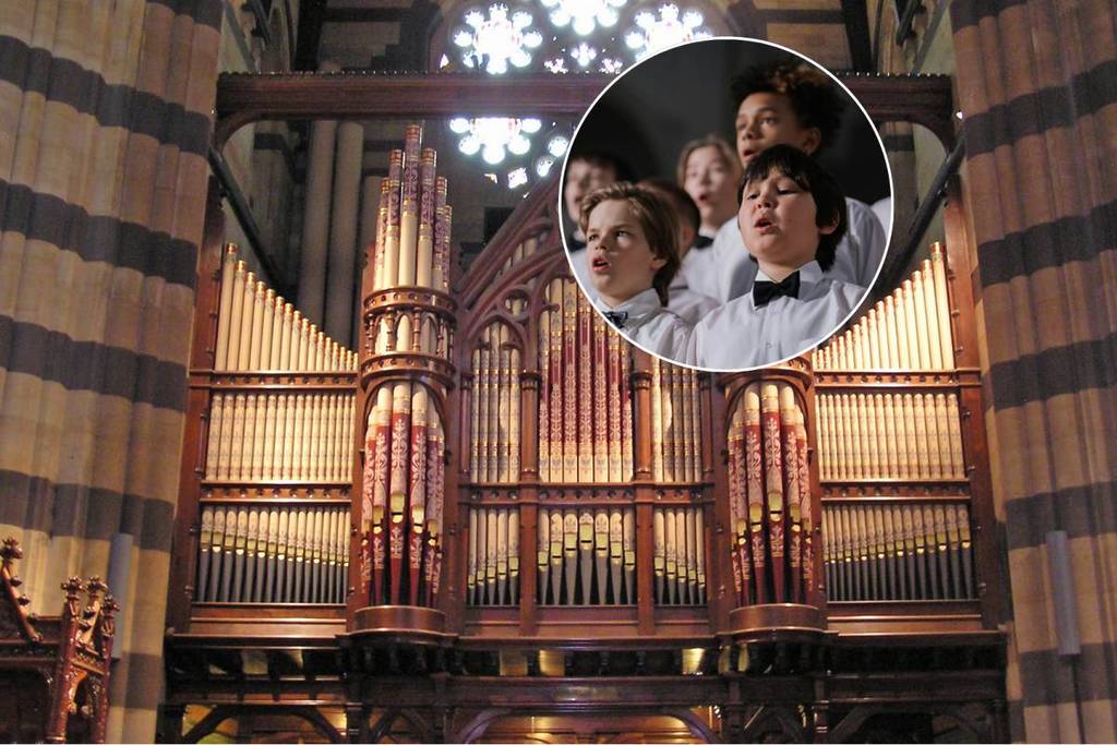 A collage of the famous T.C. Lewis organ inside St Paul's Cathedral in Melbourne and a boys' choir performing on stage