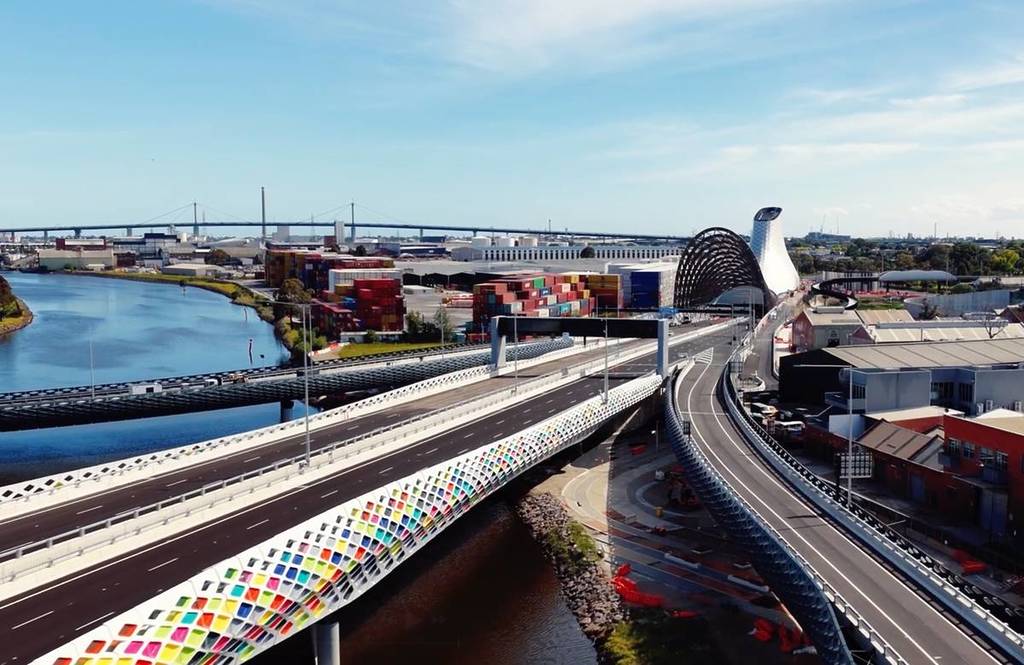bridge over Maribyrnong River heading towards entrance of West Gate Tunnel