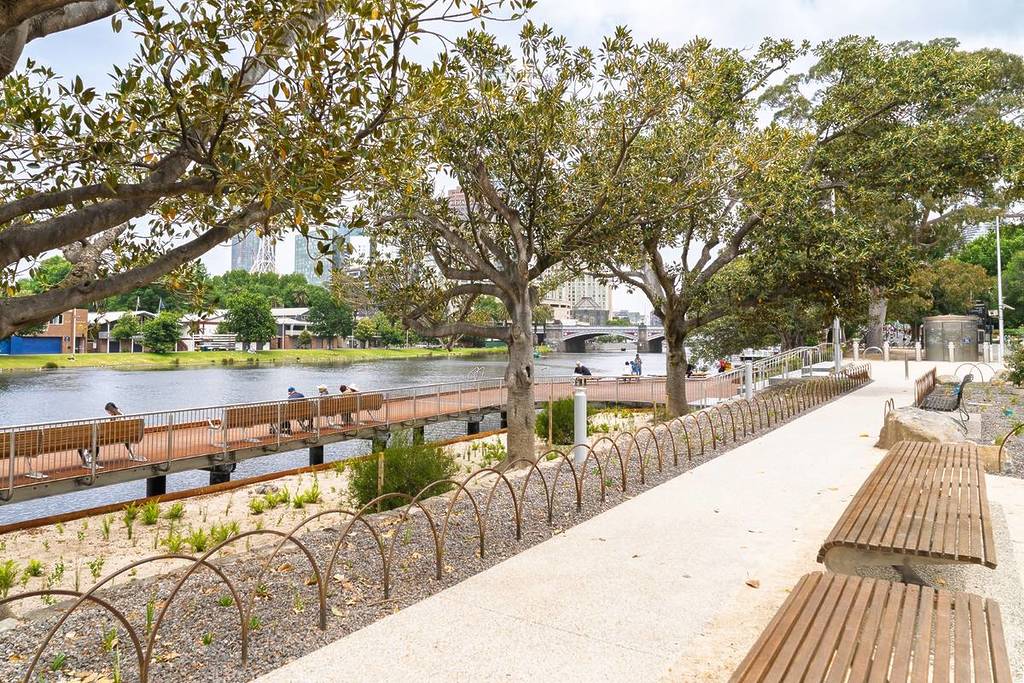 benches and trees in the newly refreshed Birrarung Marr