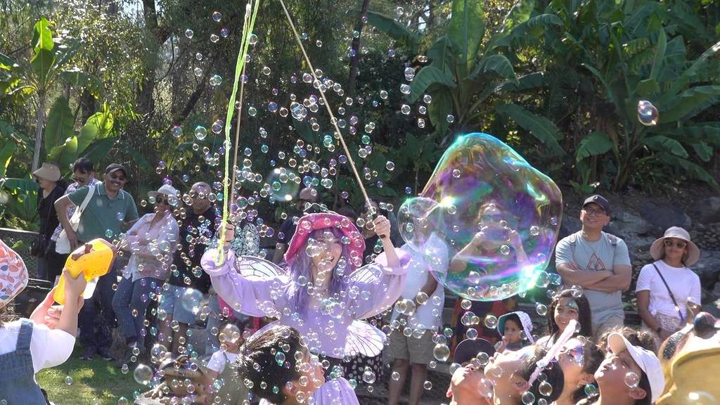 fairy putting on a bubble show for children at Blue Lotus Water Garden
