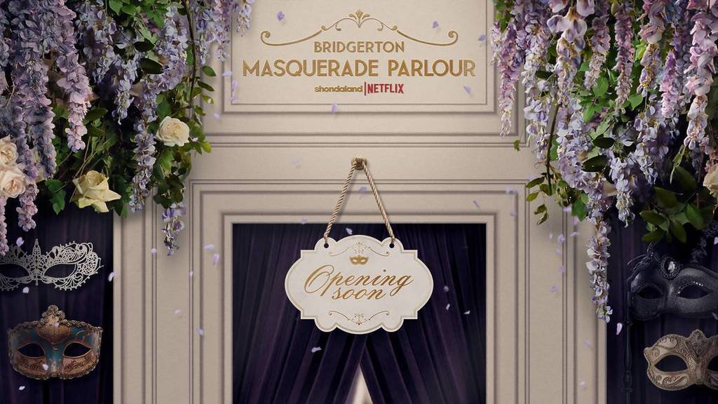 artwork that says Bridgerton Masquerade Parlour Opening Soon