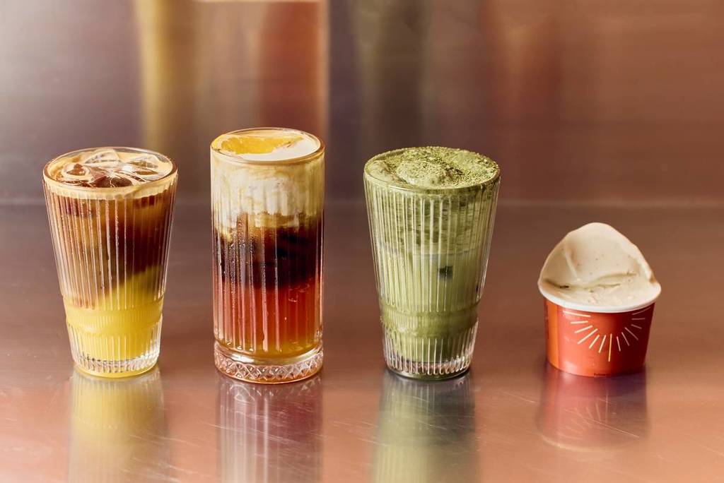 three colourful drinks and a scoop of gelato in a cup from Mondo Gelateria
