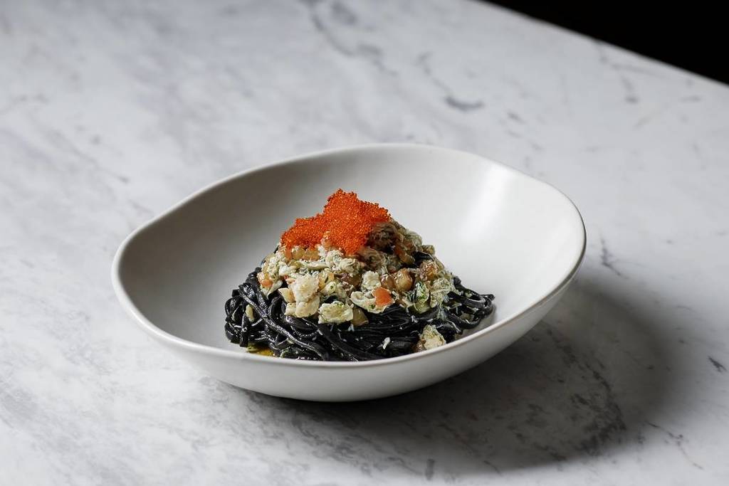 squid ink linguine with crab and roe at Marameo