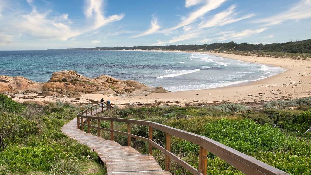 boardwalk leading down to empty beach in Cape Conran