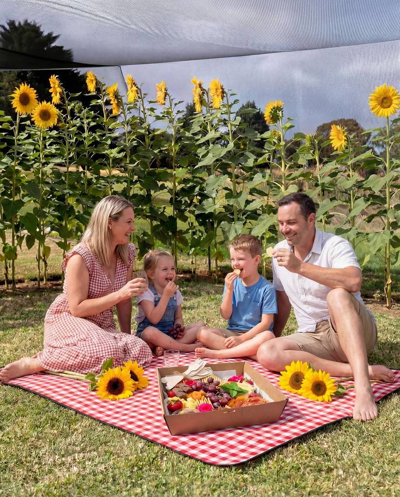 a family enjoying a picnic among sunflowers at Mornington Green