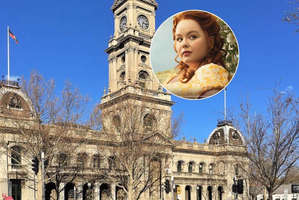 A collage of the façade of Collingwood Town Hall with Penelope from Netflix's Bridgerton series