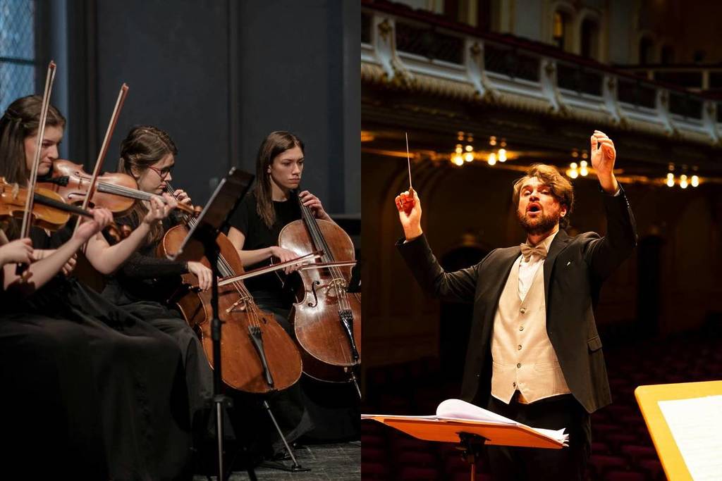 A collage of a string quartet and a conductor performing live