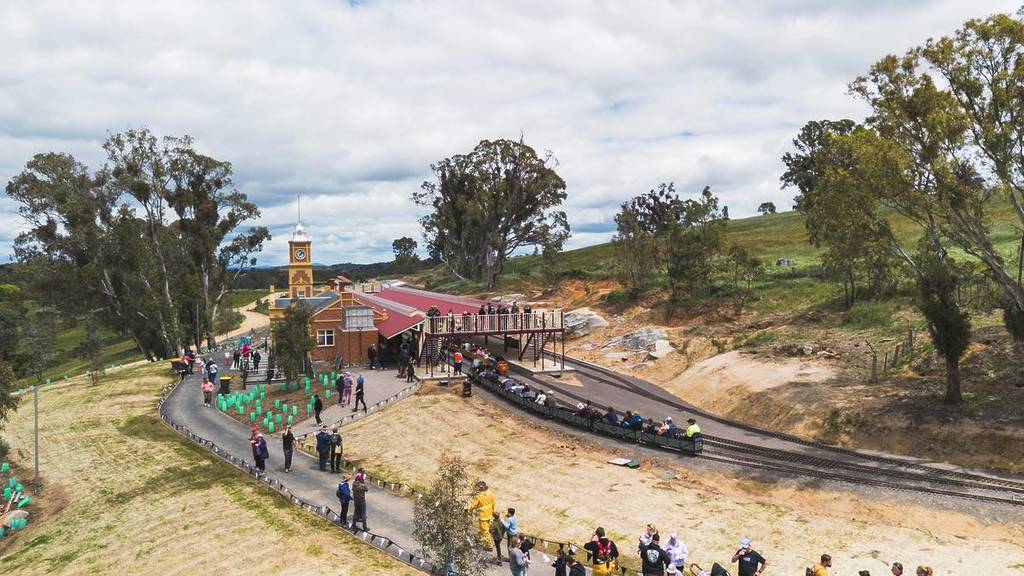 aerial view of the Victorian Miniature Railway in Harcourt filled with visitors from the community