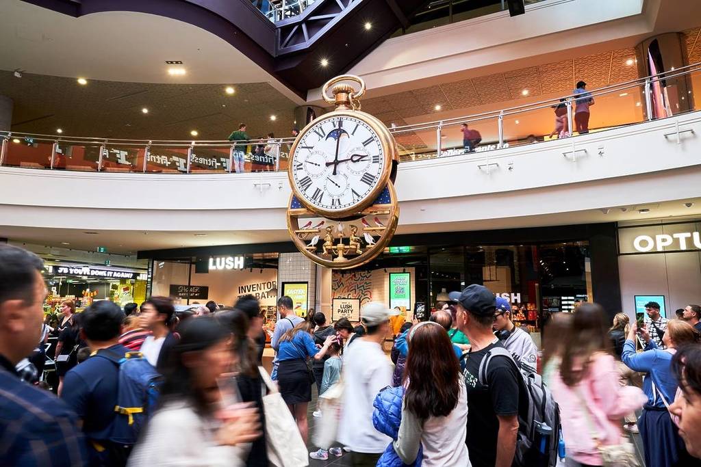 crowds in front of the big clock at Melbourne Central