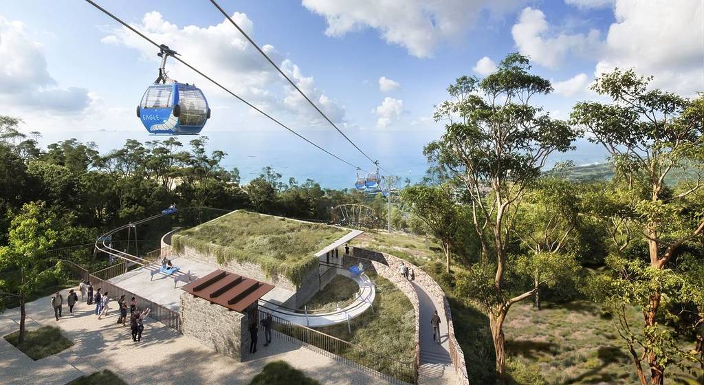render showing a view of the luge ride from above and people walking on a track to get there at Arthurs Seat Eagle