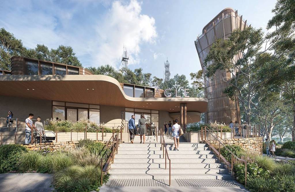 render of people entering one of the upgraded stations at Arthurs Seat Eagle, with observation tower next to it