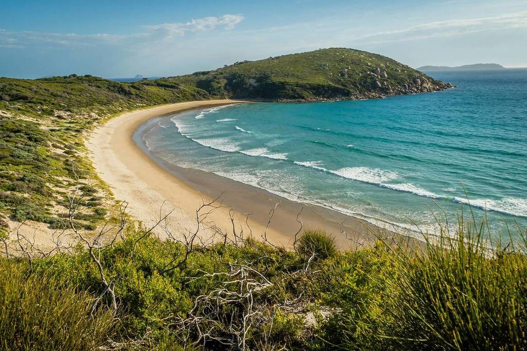 view of Picnic Bay, with waves coming in to a curved beach 
