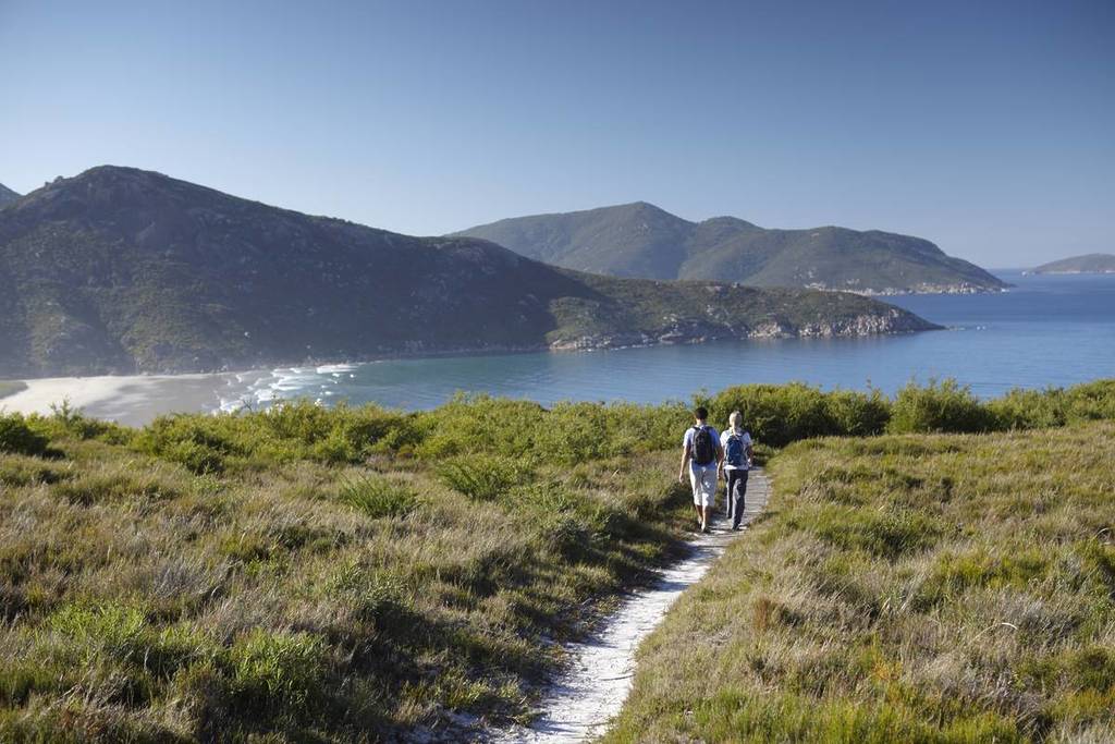 couple walking on a path through coastal heathland to Squeaky Beach, one of the stops on Three Bays Walk