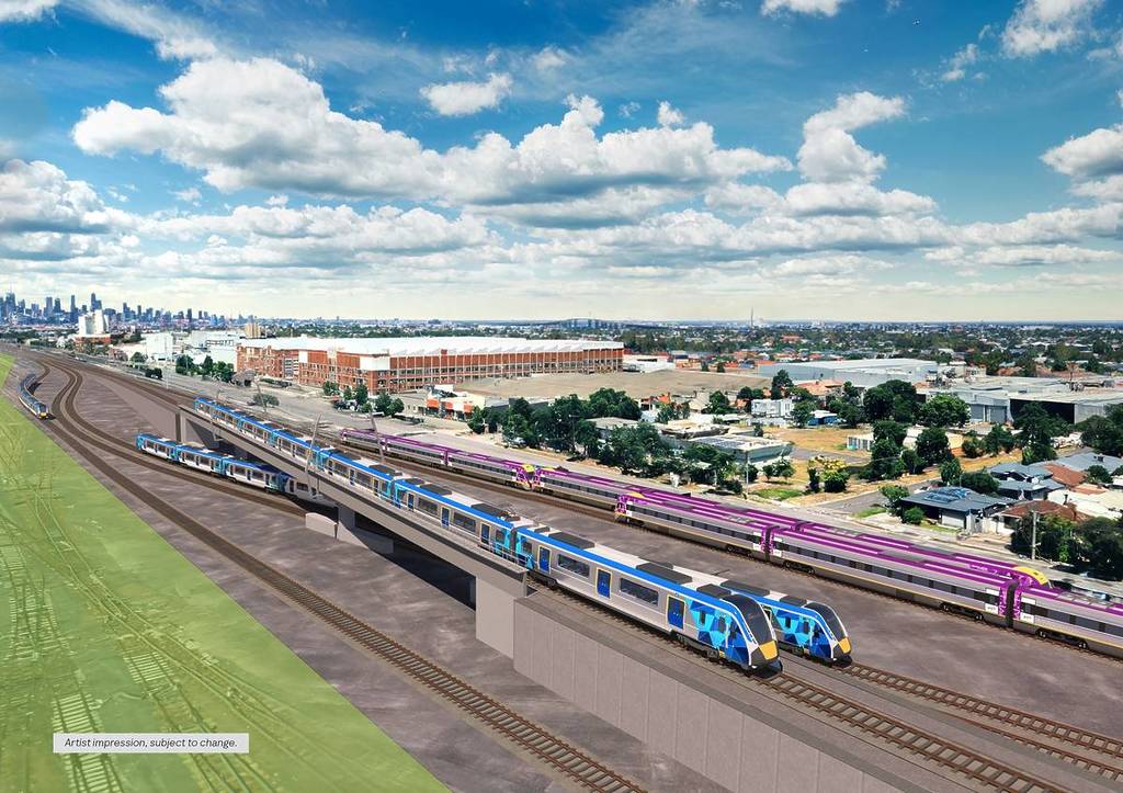 render of metro and V/Line trains travelling from Sunshine Station to the city