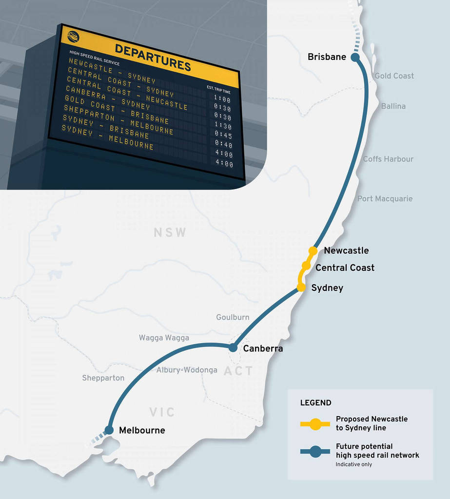 map showing the potential route for the high speed rail network in Australia, as well as a departure boards sign showing the trip time