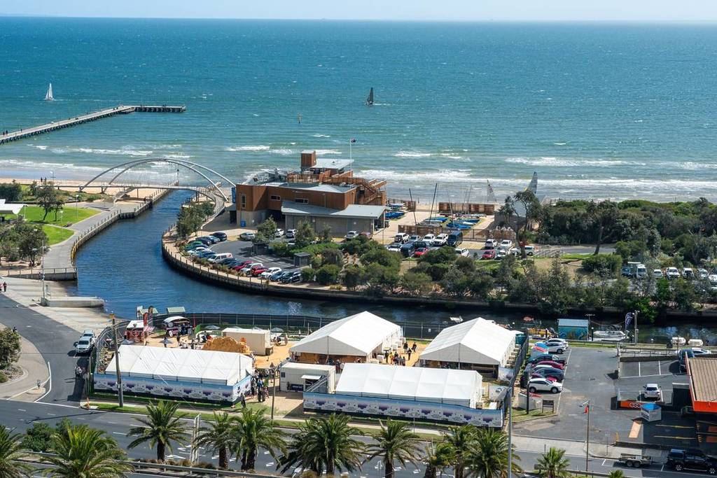 aerial view of Frankston Waterfront, with marquees up for the Australian Sand Sculpting Championship