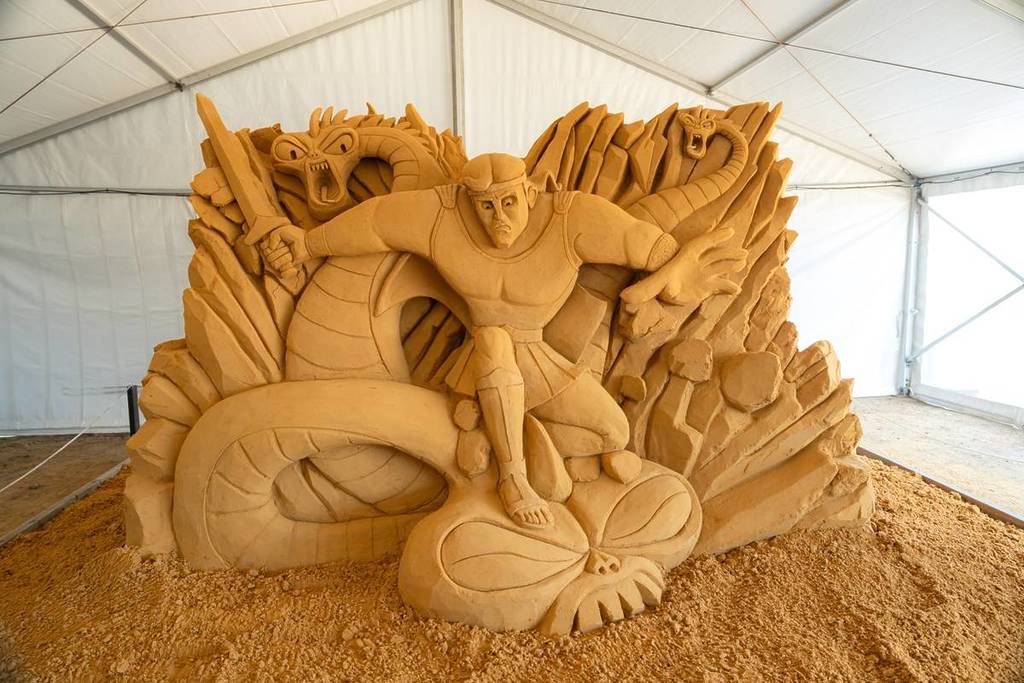 sand sculpture of Hercules defeating the hydra 