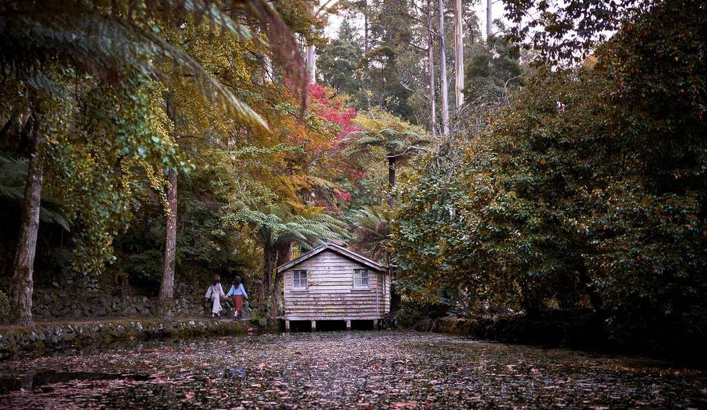 two women walking by the boathouse at Alfred Nicholas Memorial Gardens during autumn