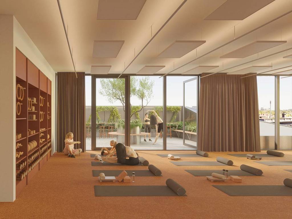 render of people stretching for a yoga class at The Commons Health Club in South Yarra, with a glimpse of people stretching on a terrace