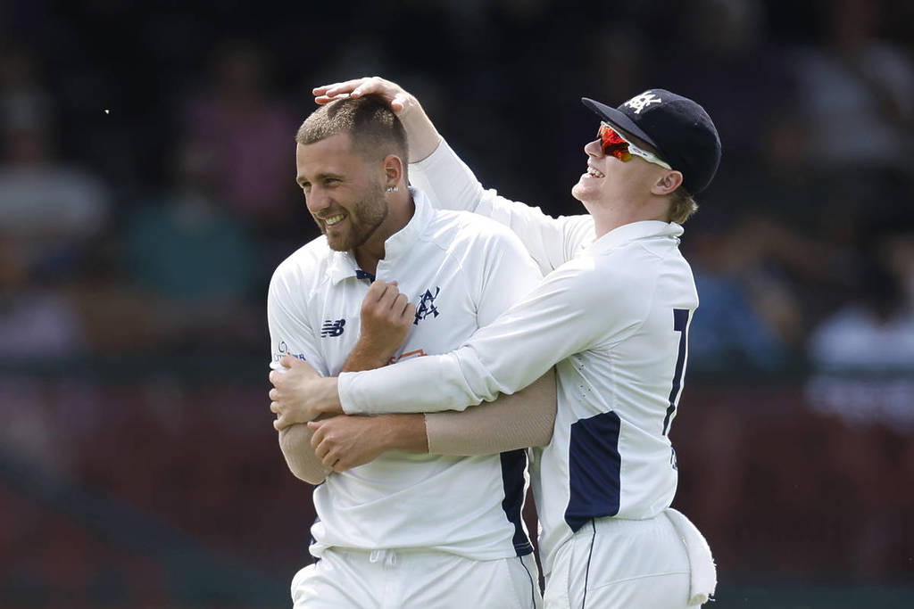 ergus O’Neill of Victoria celebrates the wicket of Oliver Davies of the Blues during day two of the Sheffield Shield match between New South Wales and Victoria at Sydney Cricket Ground, on November 11, 2025, in Sydney, Australia.