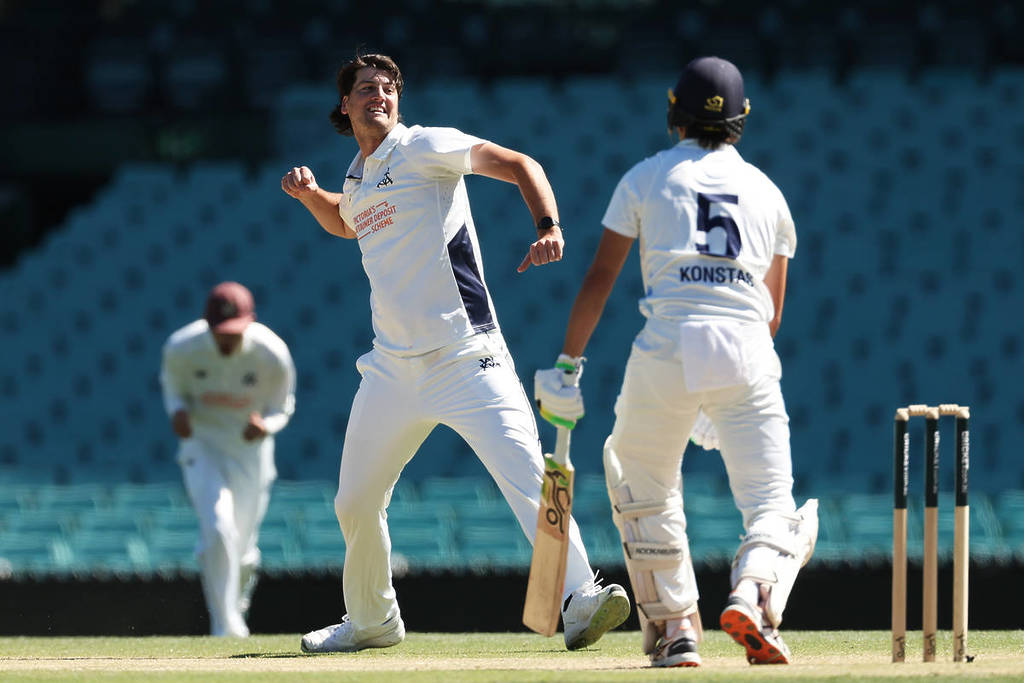 Sam Elliott of Victoria celebrates taking the wicket of Sam Konstas of New South Wales during day three of the Sheffield Shield match between New South Wales and Victoria at Sydney Cricket Ground, on November 12, 2025, in Sydney, Australia