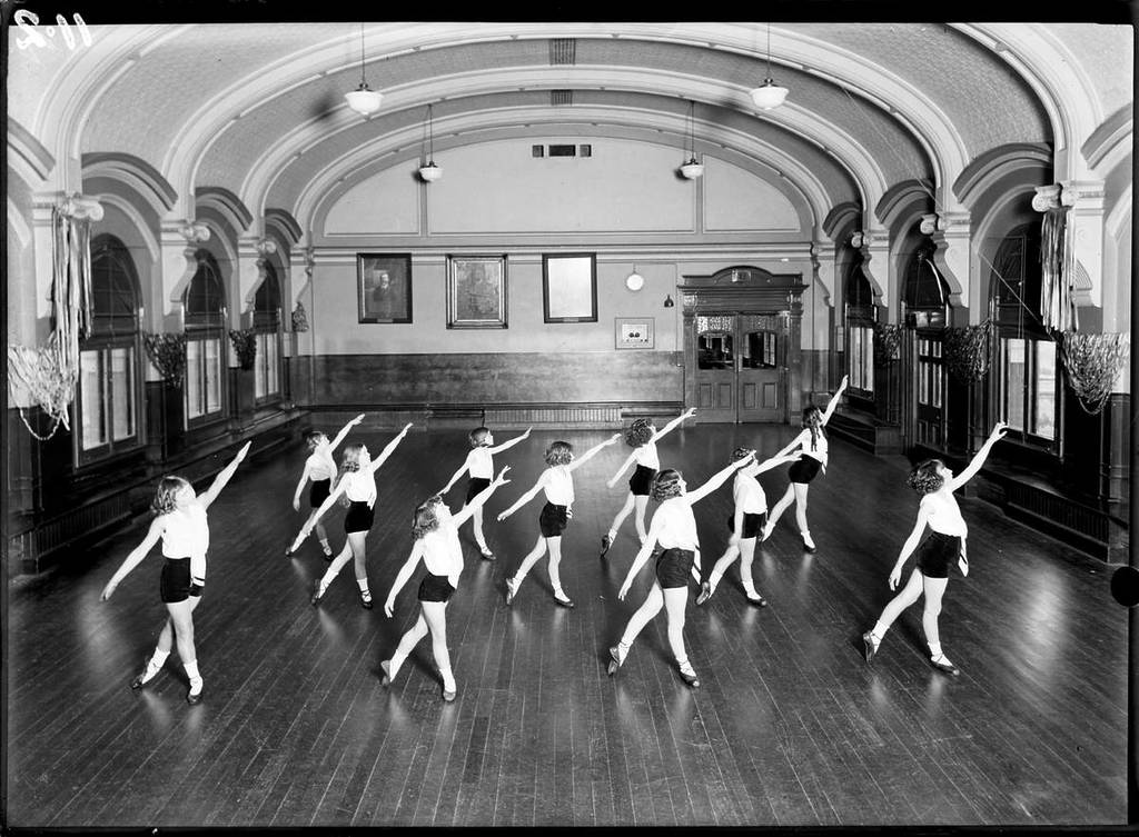 black and white image of a dance class in Flinders Street Ballroom