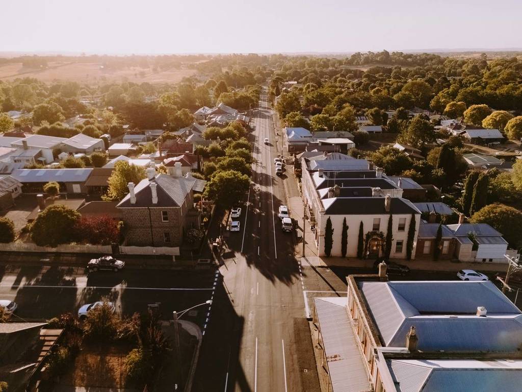aerial view of town in Macedon Ranges during golden hour