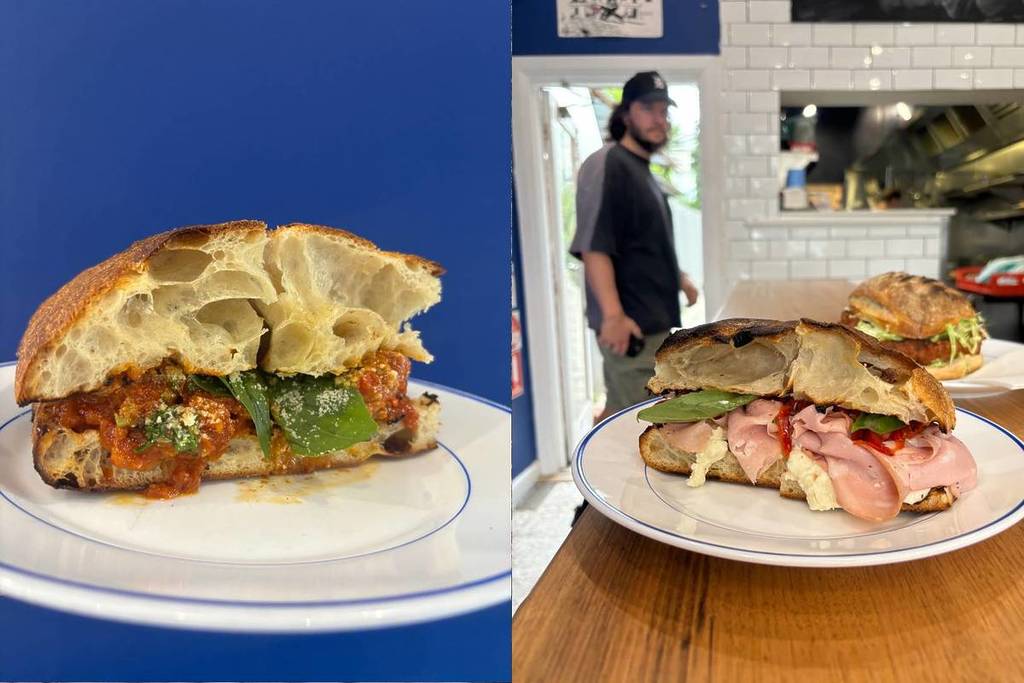 two images, the one on the left showing a sandwich from Carlito's against a blue background, the second showing another sandwich on the deli counter