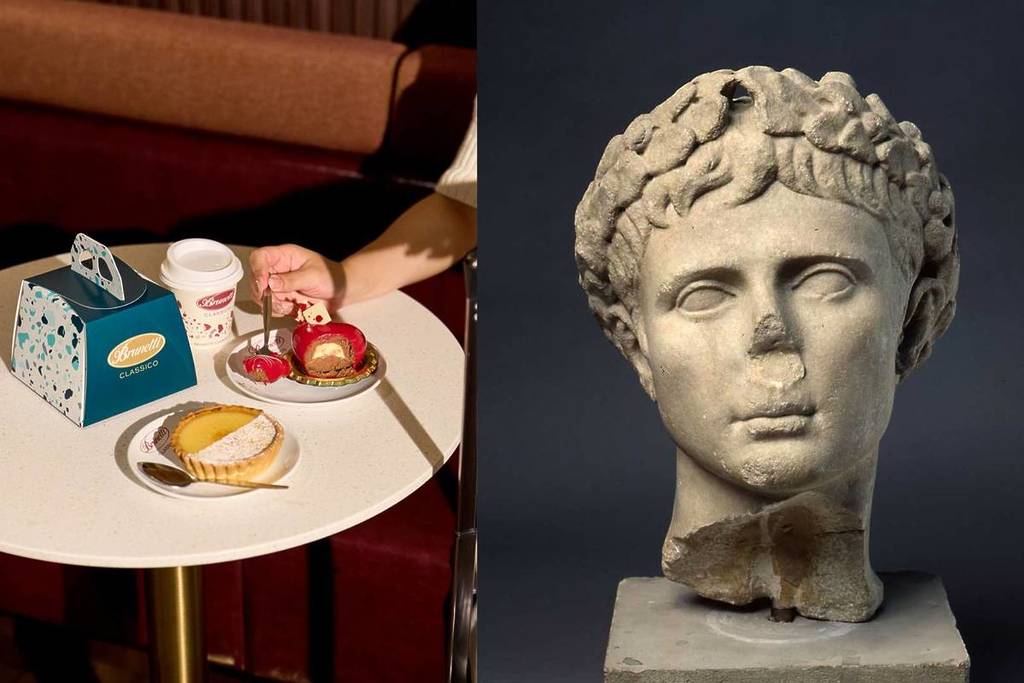 on the left, some little desserts and a coffee from Brunetti Classico on a table, on the right, a portrait of Augustus
