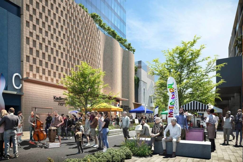 render of people in the street in front of the Jewish Arts Quarter building