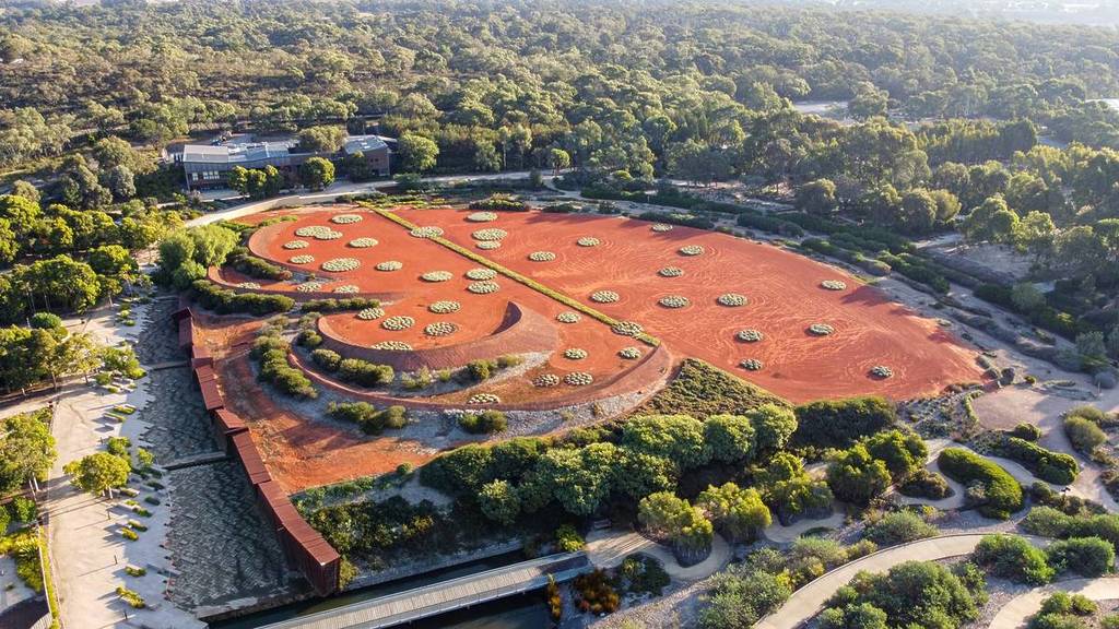 aerial view of the Red Sand Garden and surrounds of the Royal Botanic Gardens Cranbourne