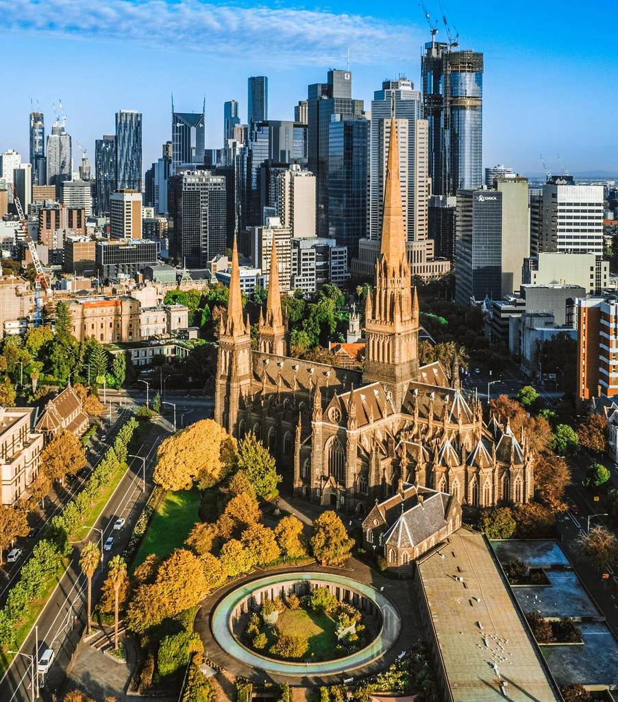 St Patrick's Cathedral and the city skyline at sunrise
