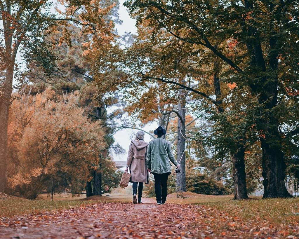 couple walking through trees with lots of autumn leaves near Malmsbury