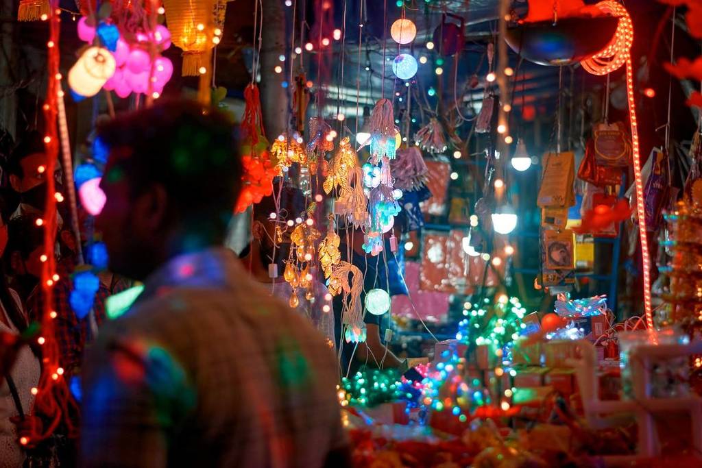 lights glowing at indian shopping precinct