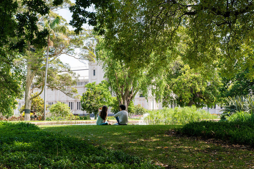 couple sitting under a shady tree in Carlton Gardens, with the Royal Exhibition Building slightly visible through the leaves