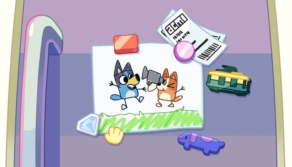 cartoon of Bluey and Bingo on a fridge, with cute magnets attached like ACMI tickets and a Melbourne tram