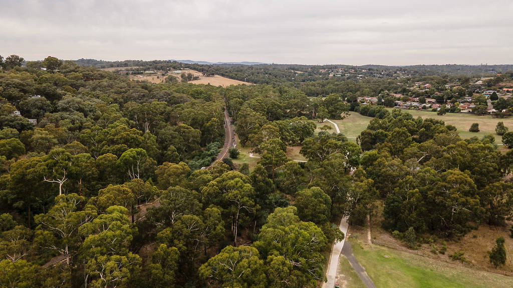 aerial view of Diamond Creek Trail and Hurstbridge railway line peeking out from the trees