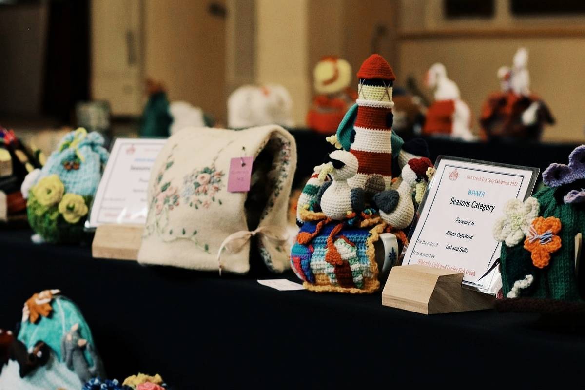 tea cosies on display at Fish Creek Tea Cosy Festival