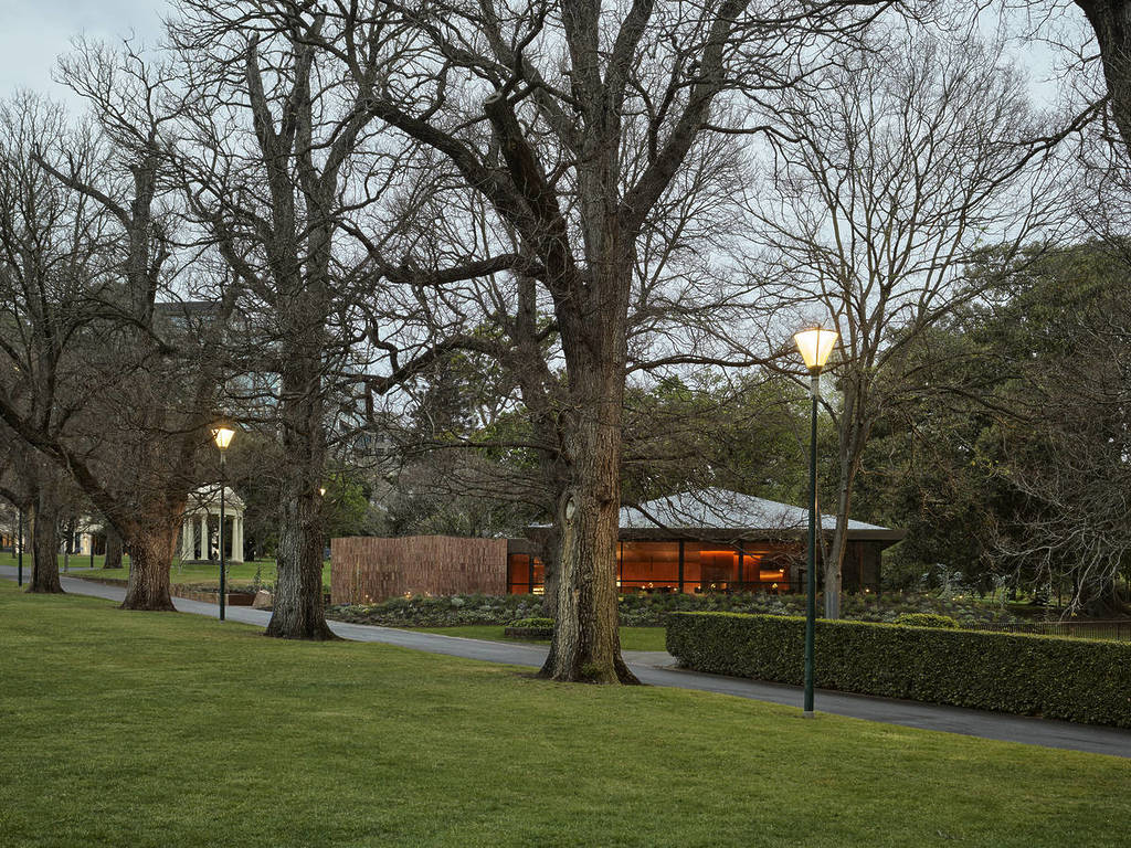 view of Yiaga from outside in Fitzroy Garden on a winter day