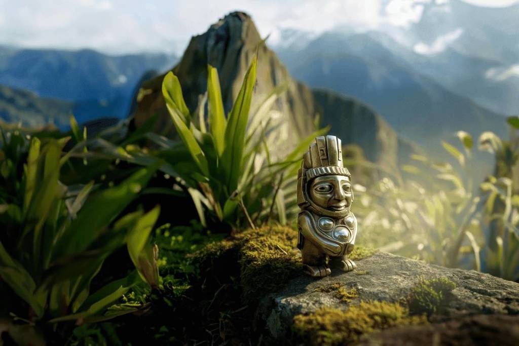 A small silver statue from the Incan empire perches on a rock. Machu Picchu is seen in the background.