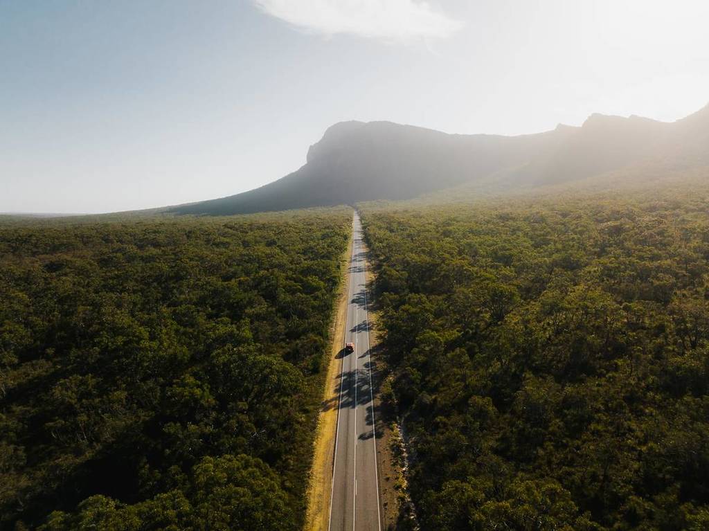 aerial view of car on a road towards the Grampians